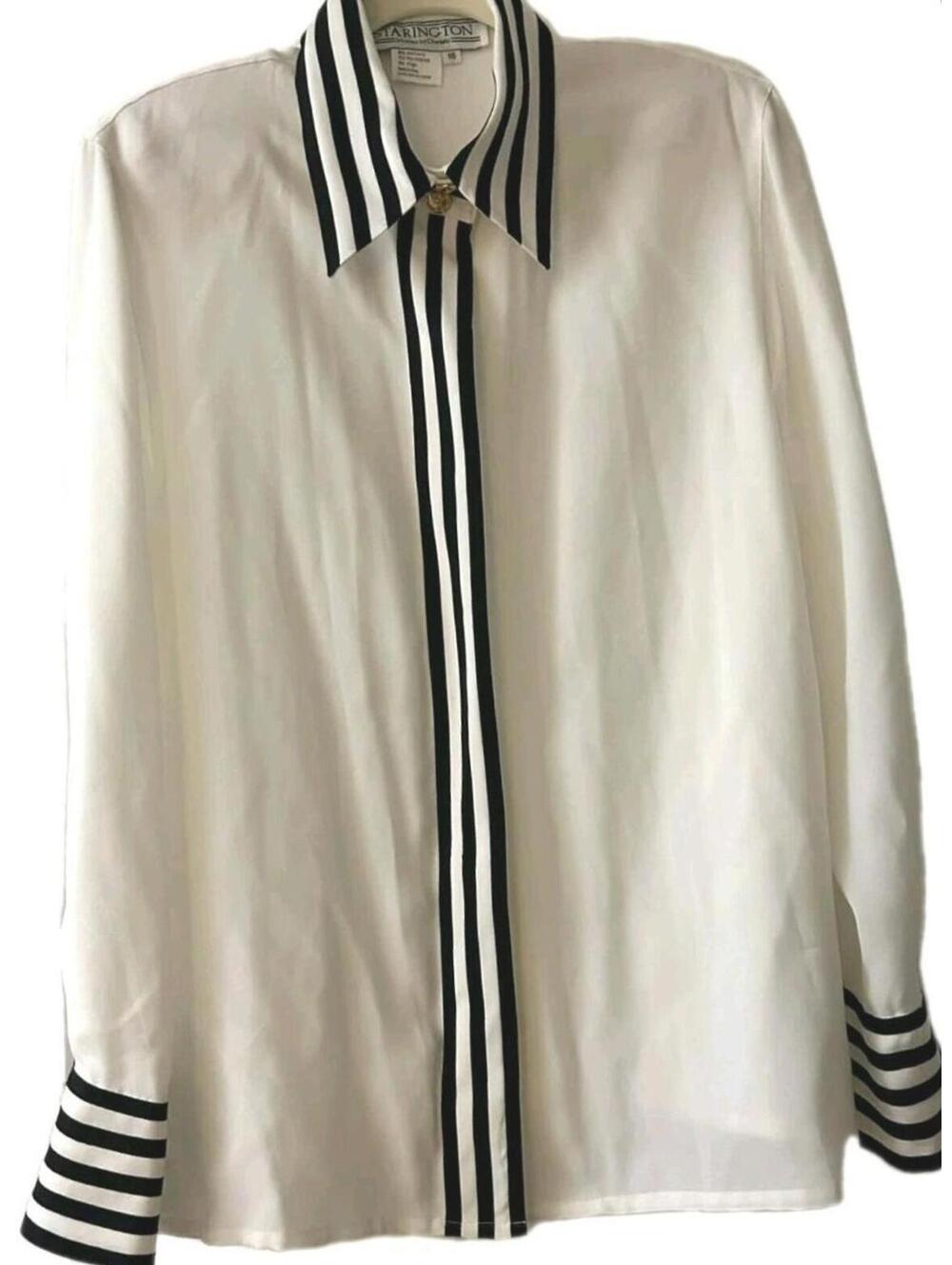 VTG 1980's Starington by Charlotte White Blouse Black Stripes Women's Size 16
